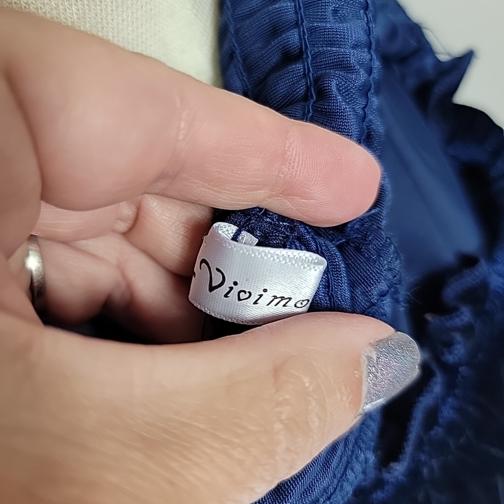 R Vivimos Blue Velvet Smocked Tiered Dress Medium - Picture 9 of 13